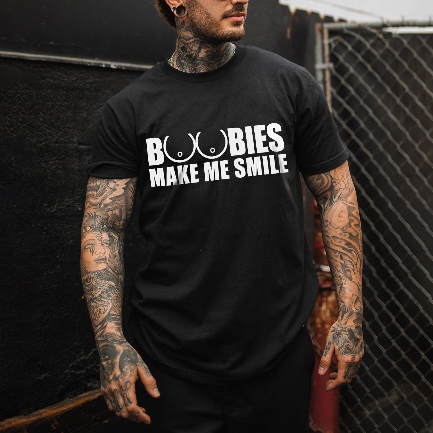 BOOBIES MAKE ME SMILE Graphic Black Print T-shirt