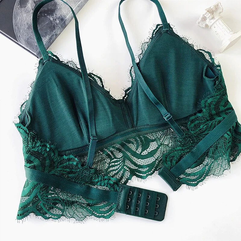 Wriufred Embroidery Green Lace Bralette Underwear Women Bra Sets Wire Free Bras Transparent Ultrathin Plus Size Lingerie Set