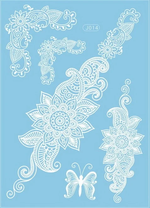 1sheet White Lace Henna Flash Tattoo Butterfly Feather Fake Temporary Tatoo Sticker Summer Style Body Art Beauty Jewelry J017