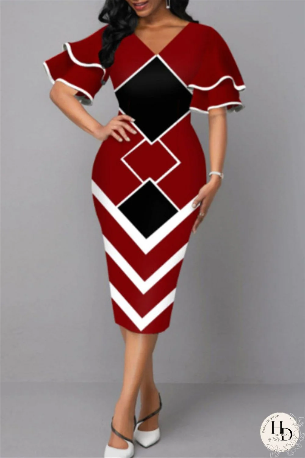 Purple Fashion Casual Print Patchwork V Neck One Step Skirt Dresses