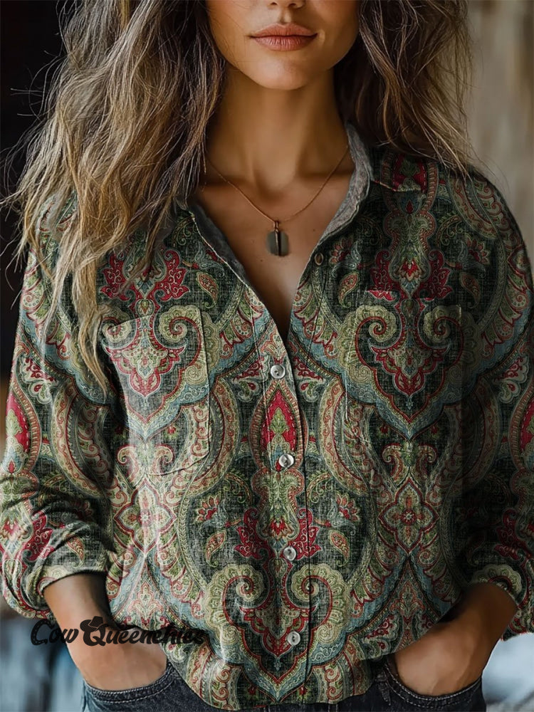 Women’s Vintage Flower Art Print Casual Long Sleeve Comfortable Cotton Shirt Multicolor / S