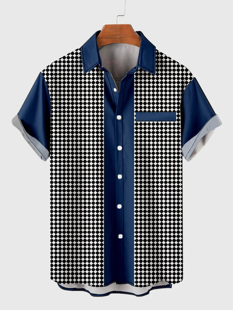 Mid Century Modern Dots Pattern and Blue Printing Pocketless Men's Short Sleeve Shirt