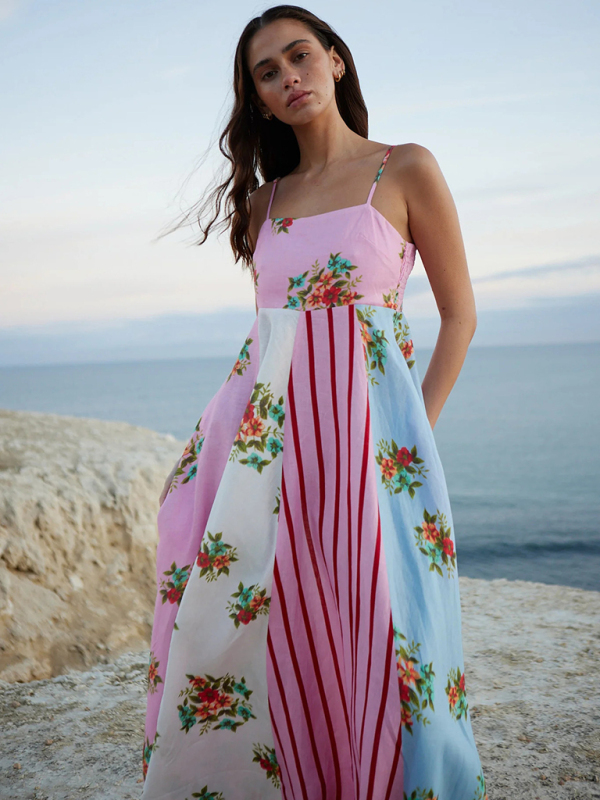 Mature Women Summer Fashion Graffiti Print Suspender Beach Dress