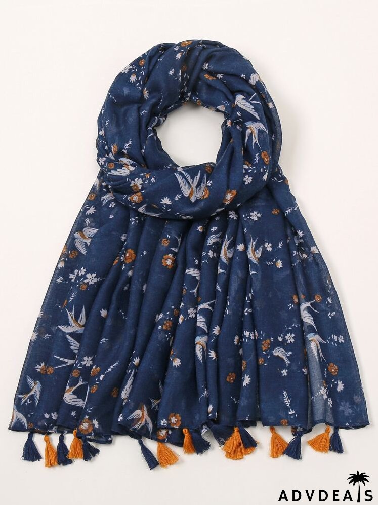 Bird & Floral Print Tassel Trim Scarf