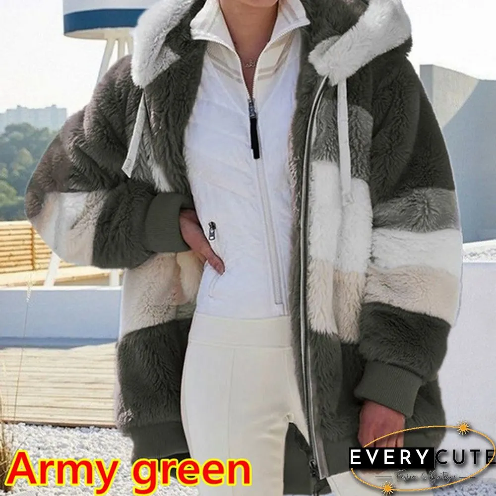 New Winter Womens Fashion Jacket Hooded Warm Plush Loose for Women Patchwork Outerwear