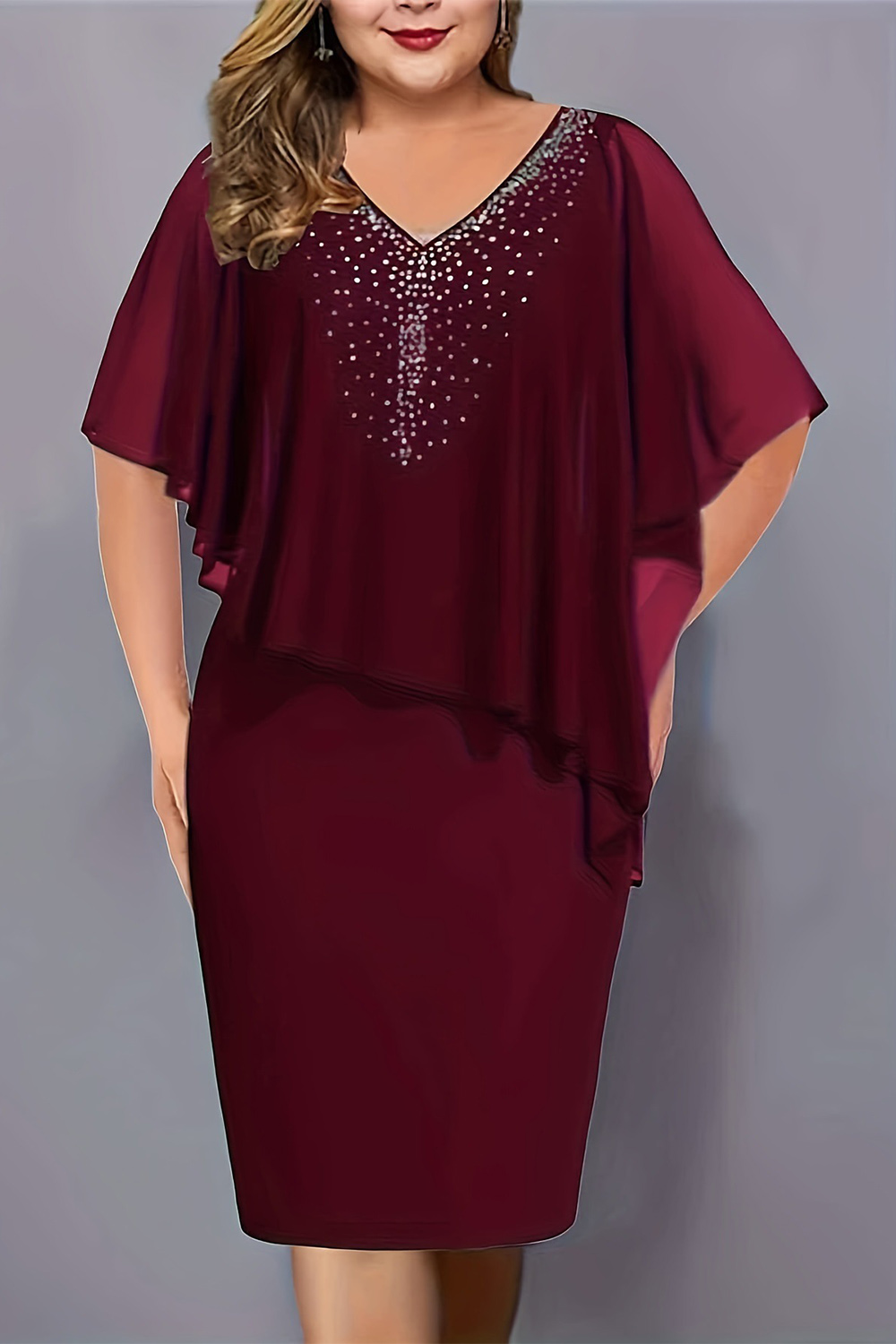 Plus Size Cocktail Burgundy Chiffon Rhinestone Cape Sleeve Bodycon Midi Dress 2024 - Flycurvy 