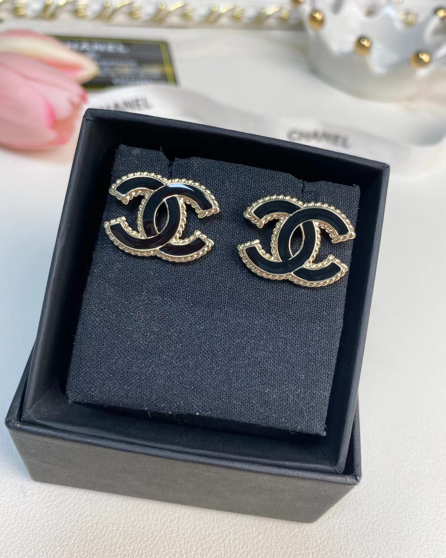 Buy replica Chanel Gold Edge Black Double C Earring and replica jewelry from PICKS Jewelry