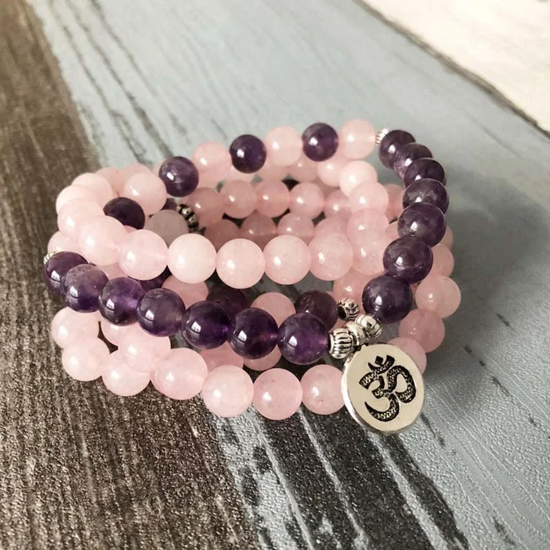 Natural Rose Quartz Amethyst Mala Bead Lotus Pendant Bracelet