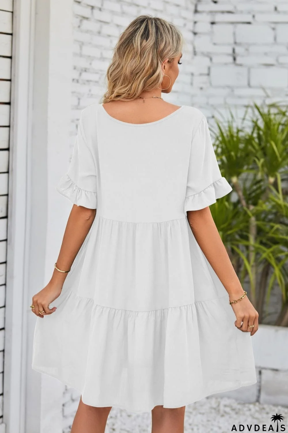 V-Neck Flounce Sleeve Tiered Dress