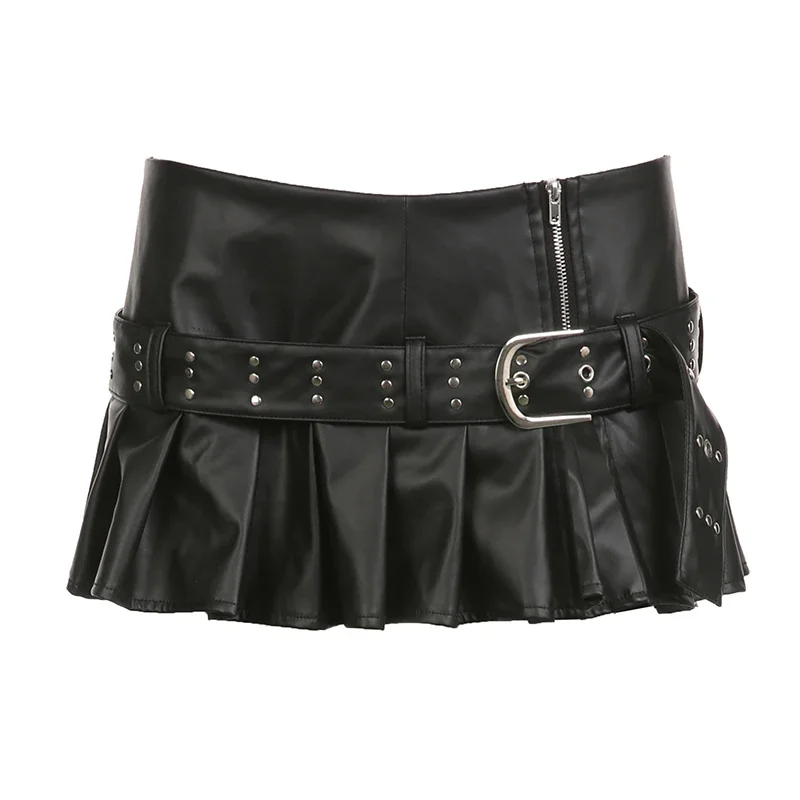 Huibahe Pu Leather A-line Pleated Mini Skirt Black Dropped Waist Slit Super-short SKirts With Belt Women Punk Streetwear