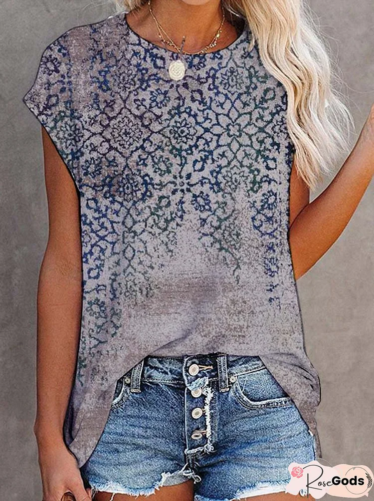 Paisley Short Sleeve Printed Cotton-Blend Crew Neck Vintage Summer Gray Top