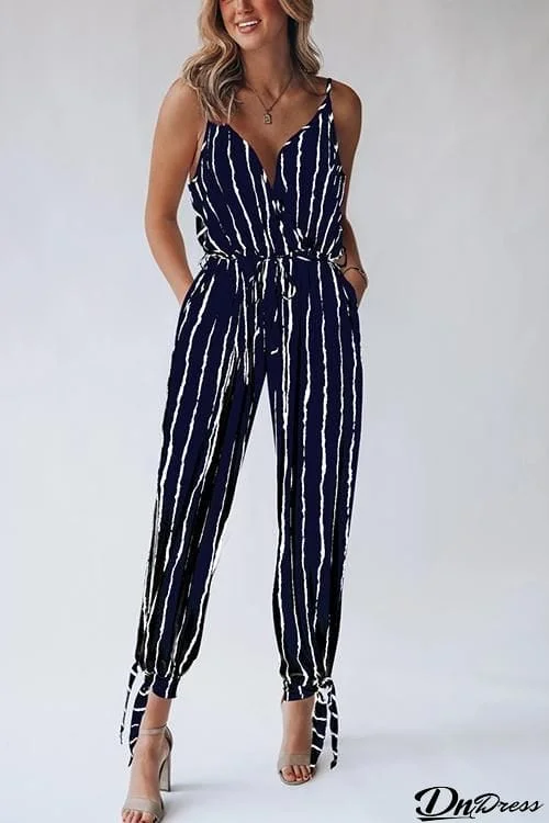 Stripe Bow Tie Slip Jumpsuits