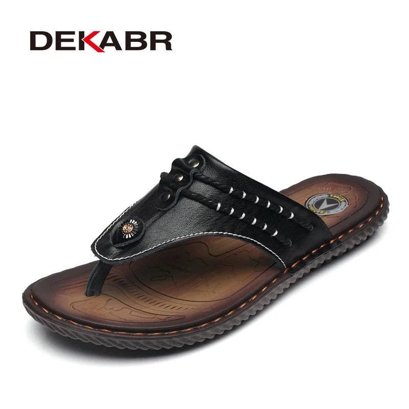 DEKABR Cow Leather Men Beach Slippers Fashion Flip Flops With Soft Sole Trendy Breathable Easy To Match Men Summer Shoes Men