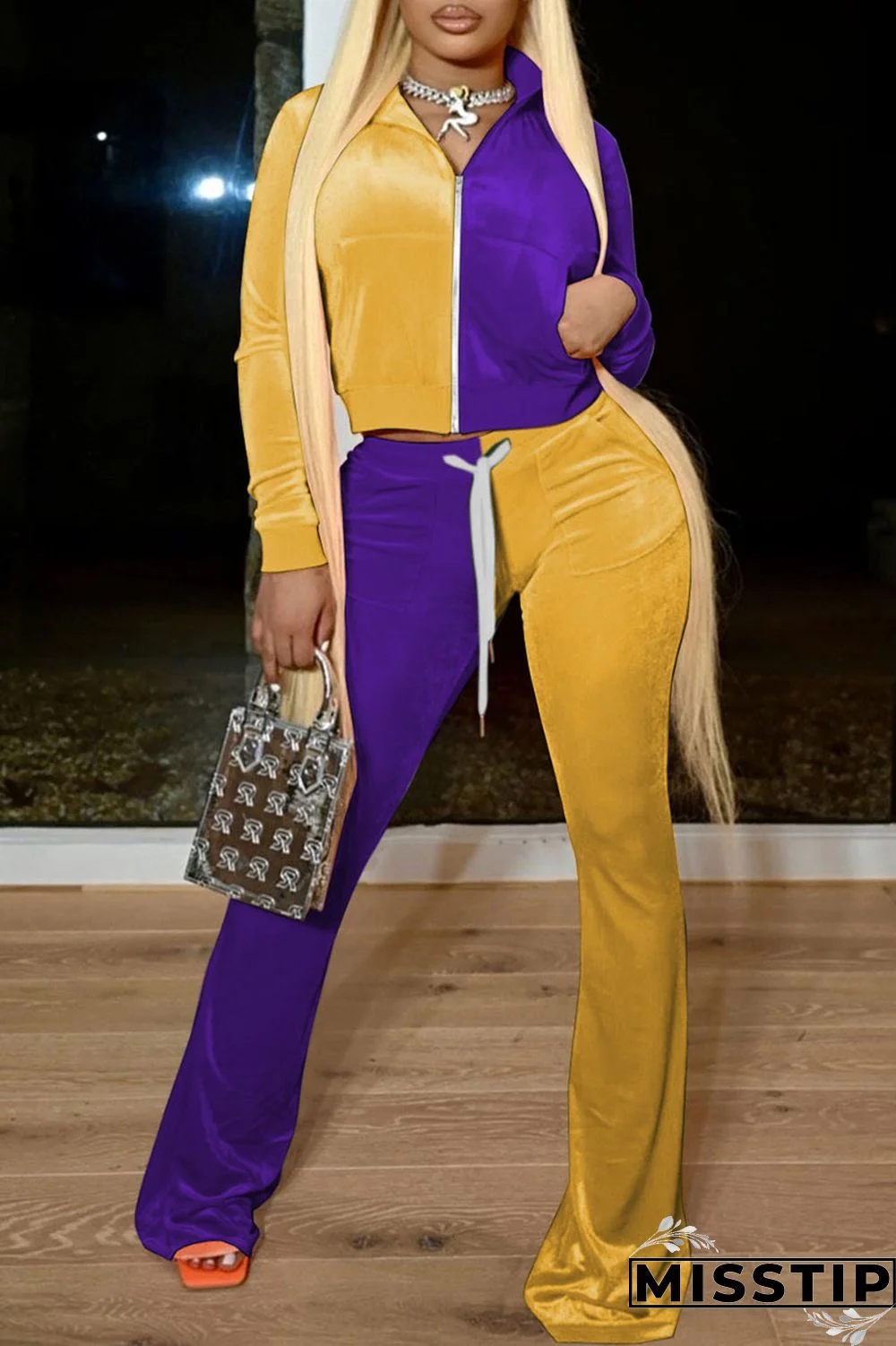 Purple Yellow Casual Solid Patchwork Contrast Zipper Zipper Collar Three Quarter Two Pieces