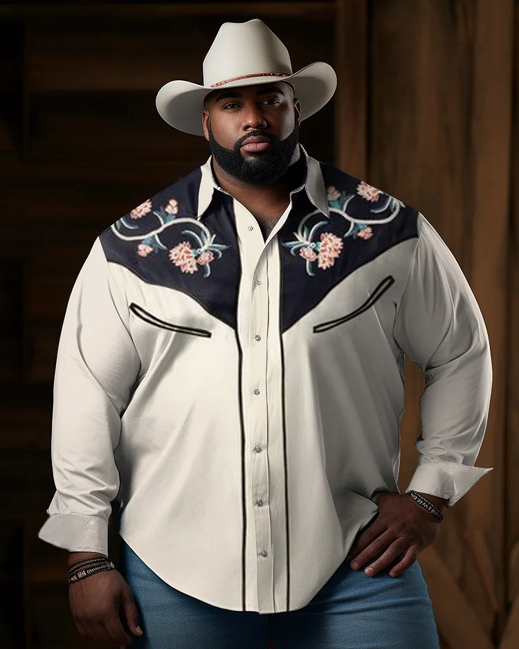 Men's Plus Size Western Denim Long Sleeve Pattern Lapel Color Block Long Sleeve Shirt