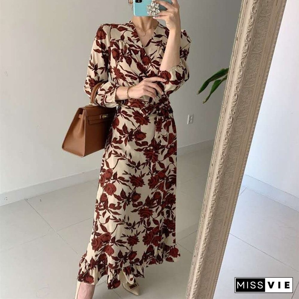 retro chic floral print elegant long dress outgoing spring women's dress all-match sweet embroidery mermaid new arrivals