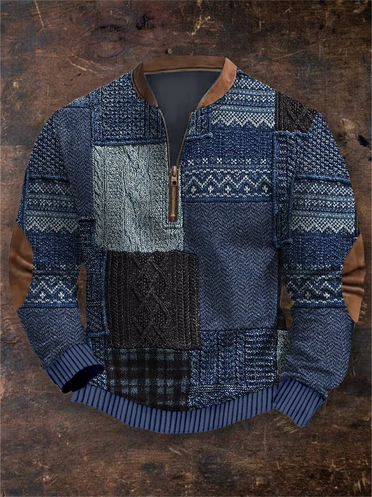 Utbros Men's Vintage Knitted Patchwork Comfy Sweatshirt