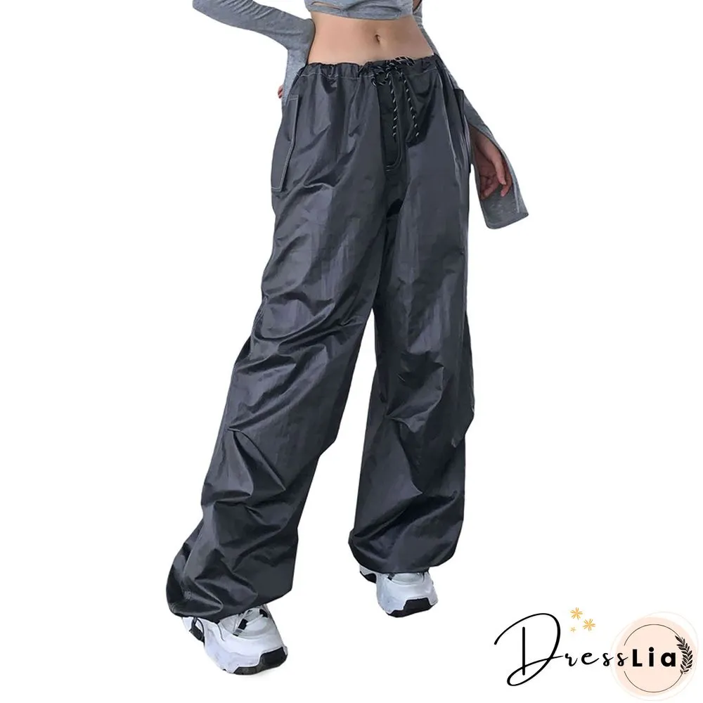 Drawstring Cargo Pants Women Solid Color Low Waist Relaxed Fit Work Trousers Y2k Grunge