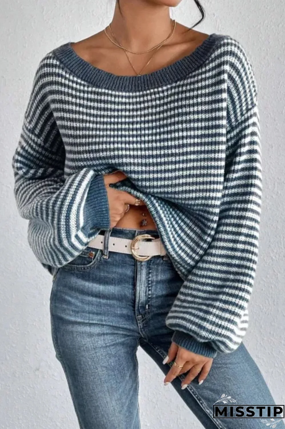 Striped Boat Neck Long Sleeve Sweater