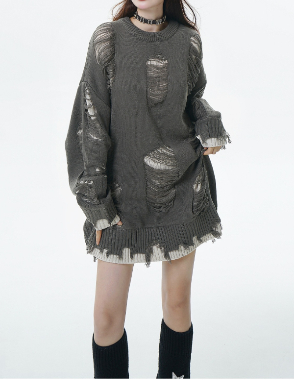 Fake Two Piece Holes Oversized Lazy Sweater