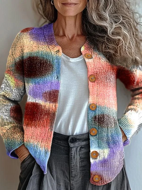 Colorful Dot Smudge Art Print Buttoned Cardigan Sweater