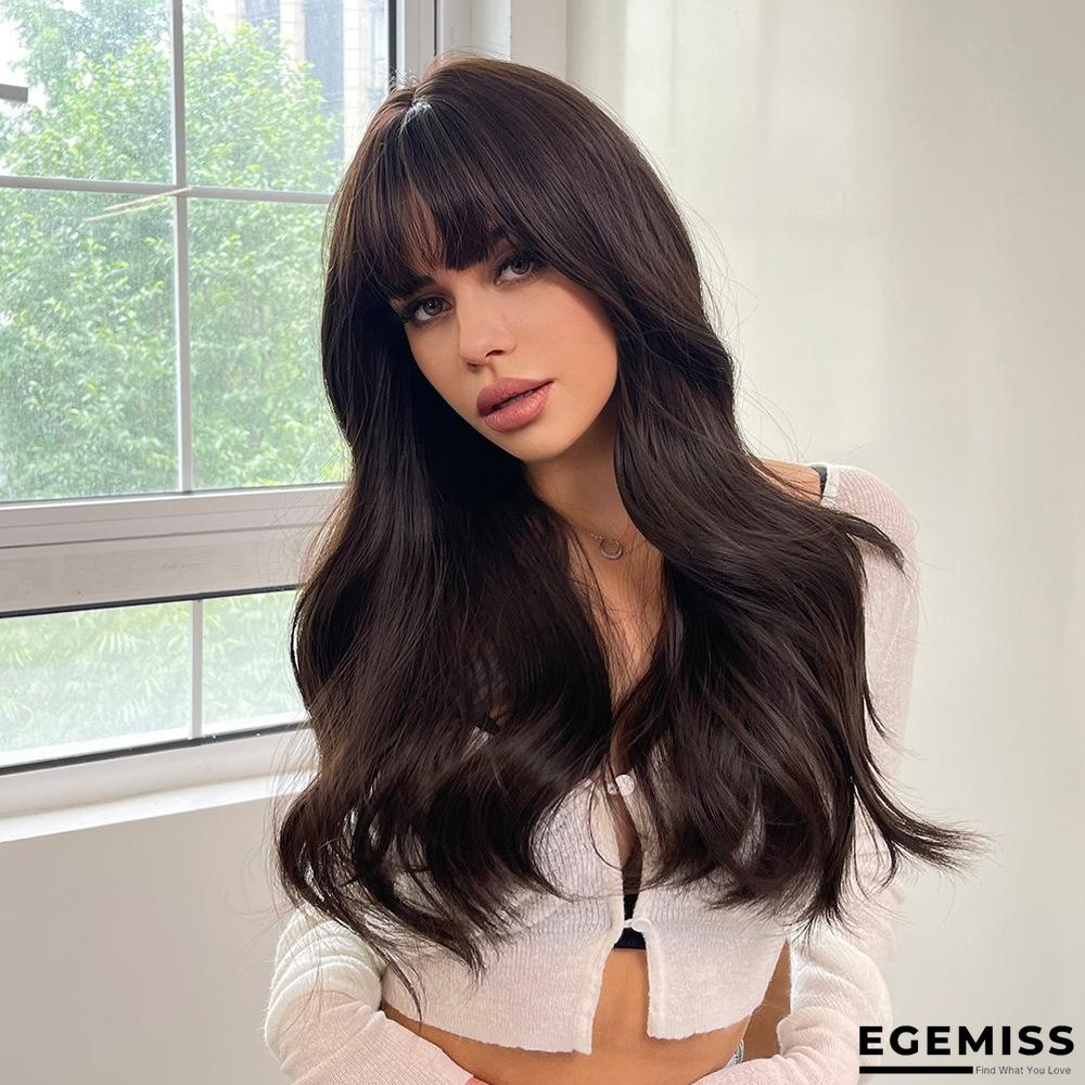 Long Brown Wigs with Bangs  Wave Synthetic Wigs for  Women | EGEMISS