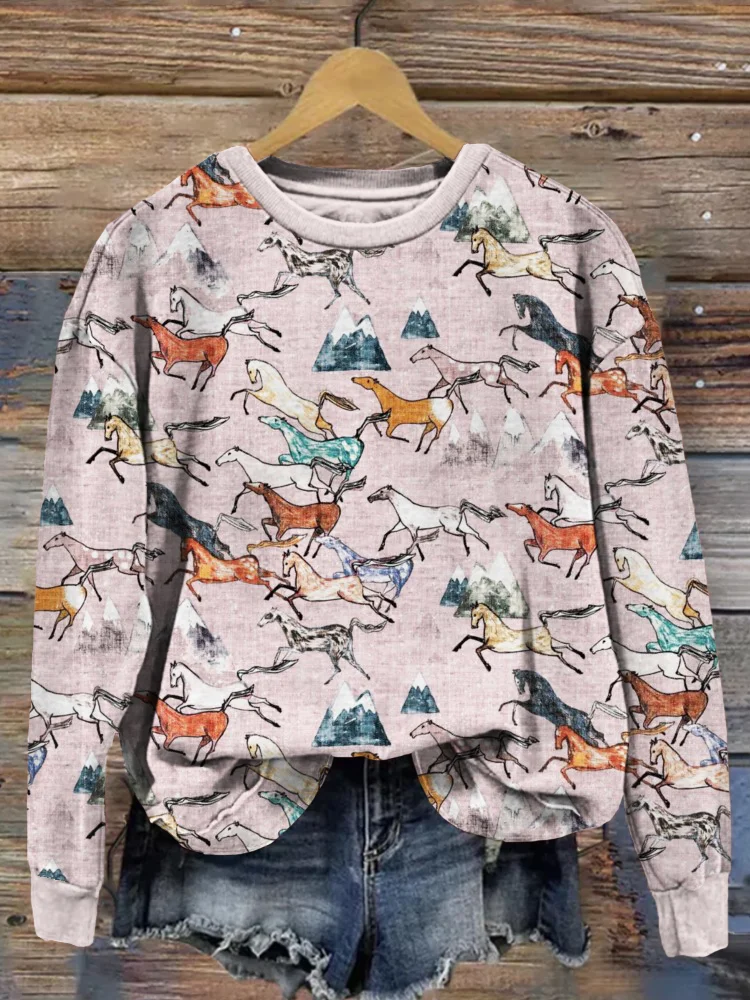 Wild Bush Horses Graphic Vintage Comfy Sweatshirt