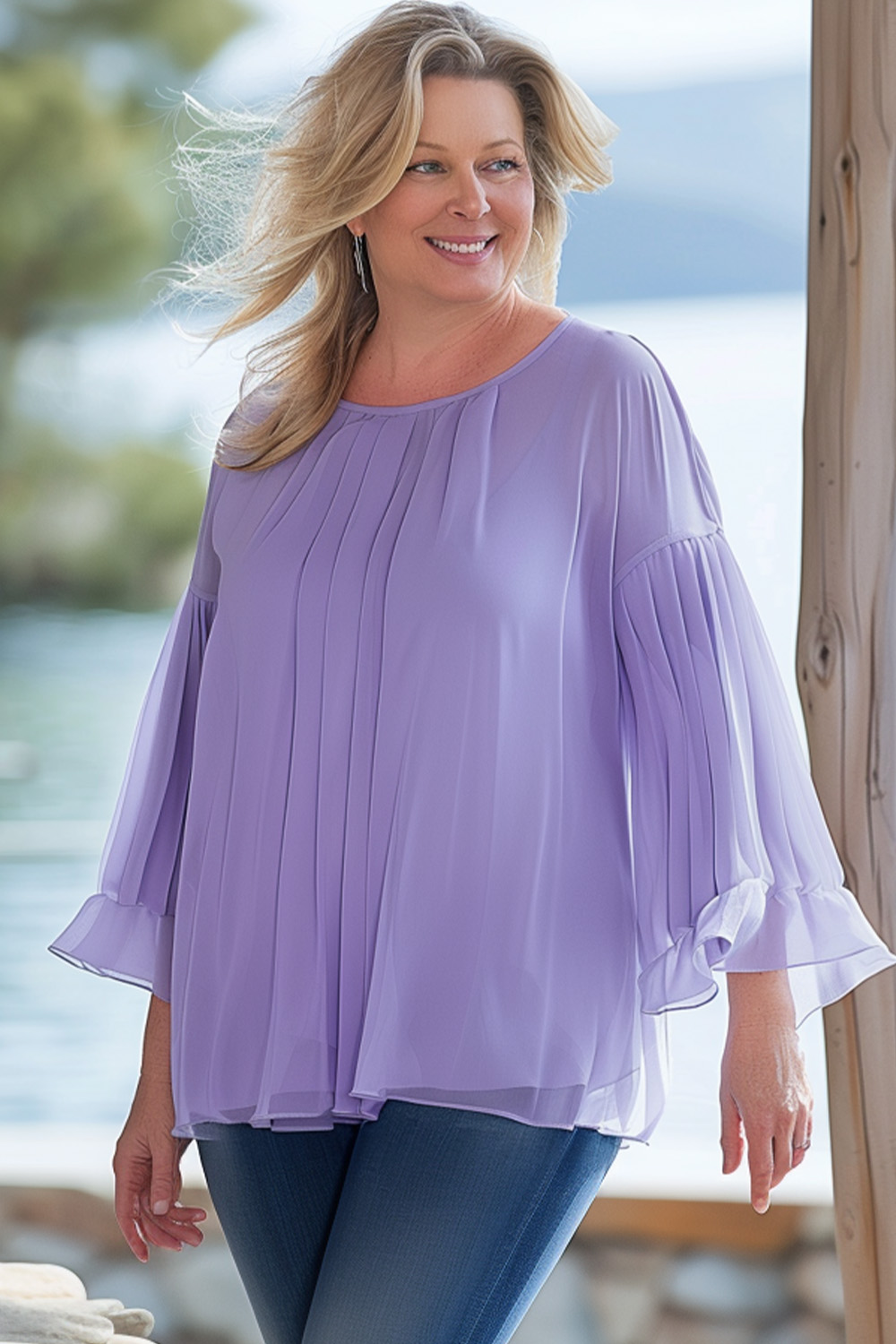 Flycurvy Plus Size Everyday Purple Crinkle Chest Chiffon Pleated Flare Sleeves Blouse 2024 - Flycurvy 