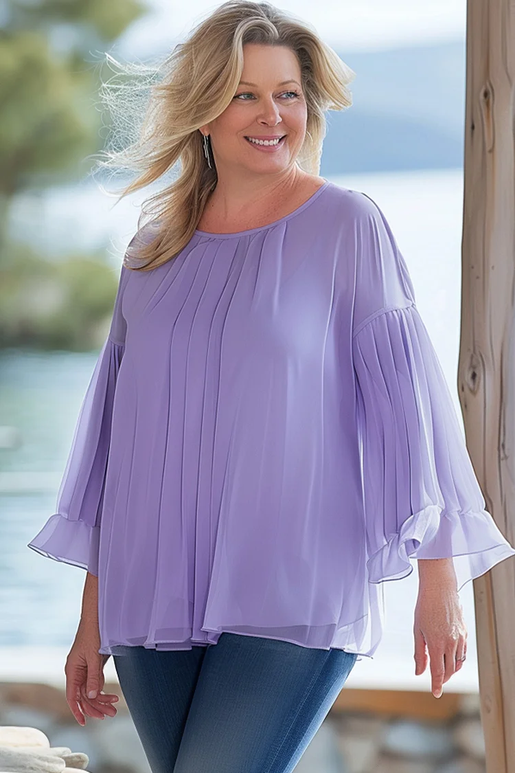 Flycurvy Plus Size Everyday Purple Crinkle Chest Chiffon Pleated Flare Sleeves Blouse  Flycurvy [product_label]