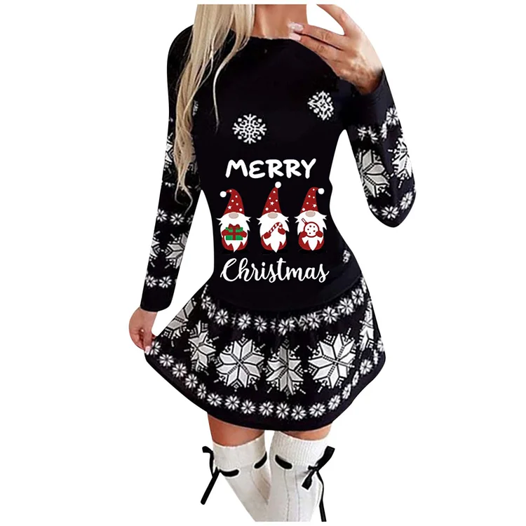 Christmas Fashion Long Sleeve Mini Print Swing Casual Dress
