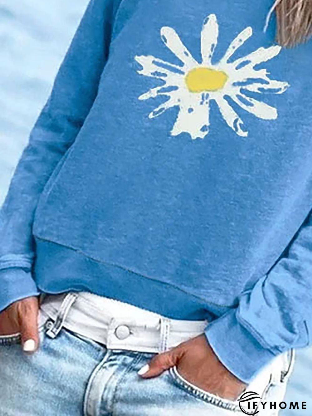 Blue Long Sleeve Cotton-Blend Casual Hoodies & Sweatshirt | IFYHOME