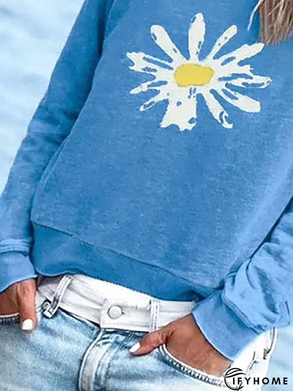 Blue Long Sleeve Cotton-Blend Casual Hoodies & Sweatshirt | IFYHOME