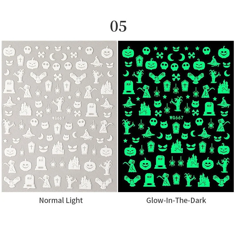 3D Luminous Nail Stickers Halloween Pumpkin Spider Star Moon Transfer Sliders  Winter Glow In The Dark Nail Art Decoration-Nail Inspo