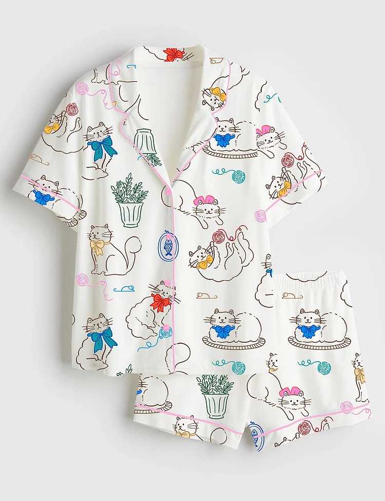 Women&rsquo;s Cat With A Bow Playing With Balls Of Yarn And Potted Plant Short Sleeve Satin Pajama Set