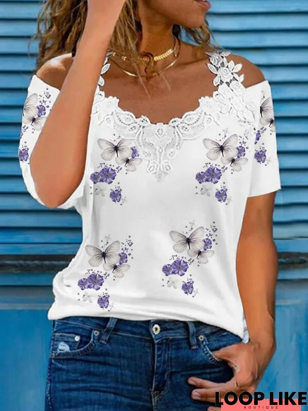 Women's Lace V Neck Printed Short Sleeve Casual T-Shirt