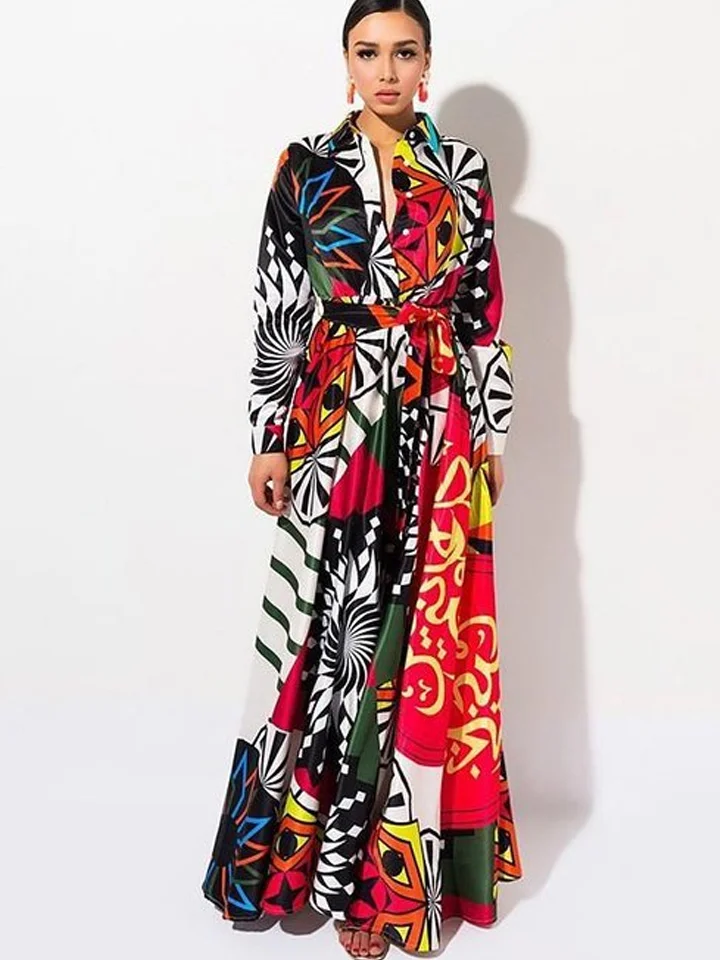 Women's Swing Dress Maxi Long Dress - Long Sleeve Print Patchwork Print Summer Square Neck Elegant Sexy Going Out Slim Red