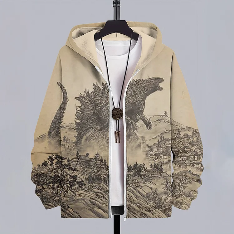 Vintage Godzilla Japanese Art Casual Hooded Zip Up Jacket