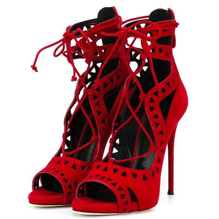 Red Lace up Heels Hollow out Stiletto Heels Strappy Pumps |FSJ Shoes