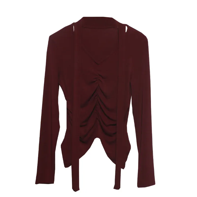 Uveng Real Shooting Explosion Long-Sleeved T-Shirt Girl Autumn Folded Waist-Bottomed Shirt V-Neck Ribbon Open Fork Short Top 9080