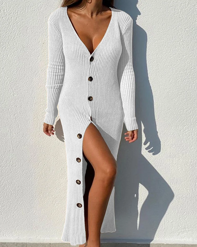 Knit Ribbed Button Long-sleeve Cardigan Dress