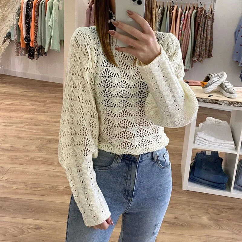 Autumn Women Hollow Out See Through Knitted Top Sexy Loose Lantern Sleeve Solid Sweater Casaul Femme Streetwear Pullover Clothes