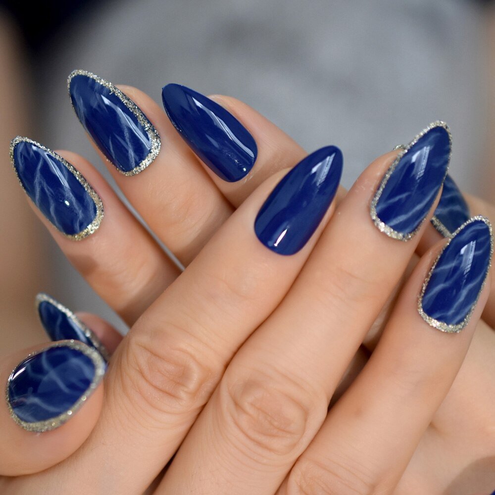 Dark Bule Jade Texture Simple Design Medium-Short Nails Glitter Edge Supplies For Professionals Wholesale Flase Nails Fingernail
