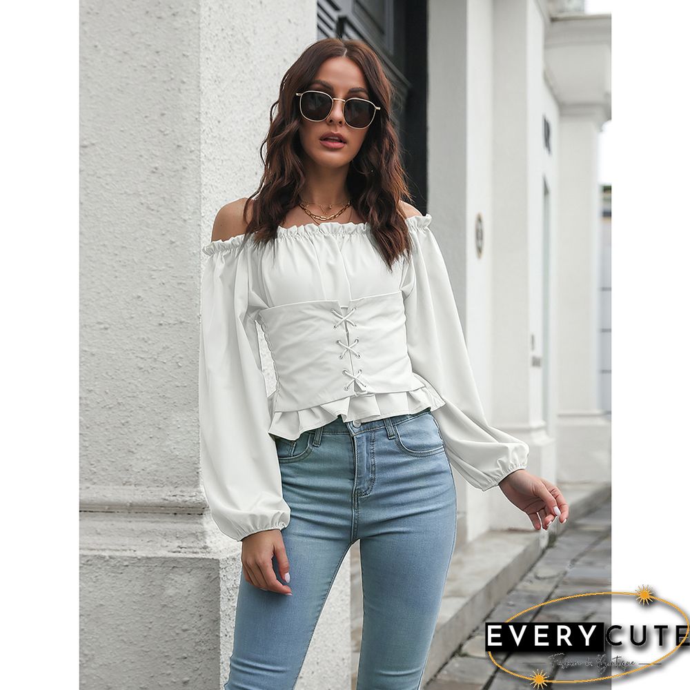 White Off Shoulder Slim Fit Lace-up Blouse