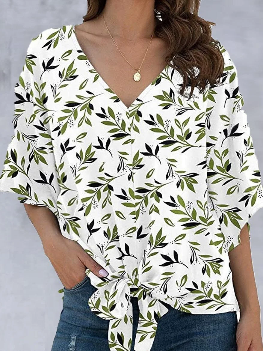 V-Neck Print Lace-Up Short-Sleeve Blouse