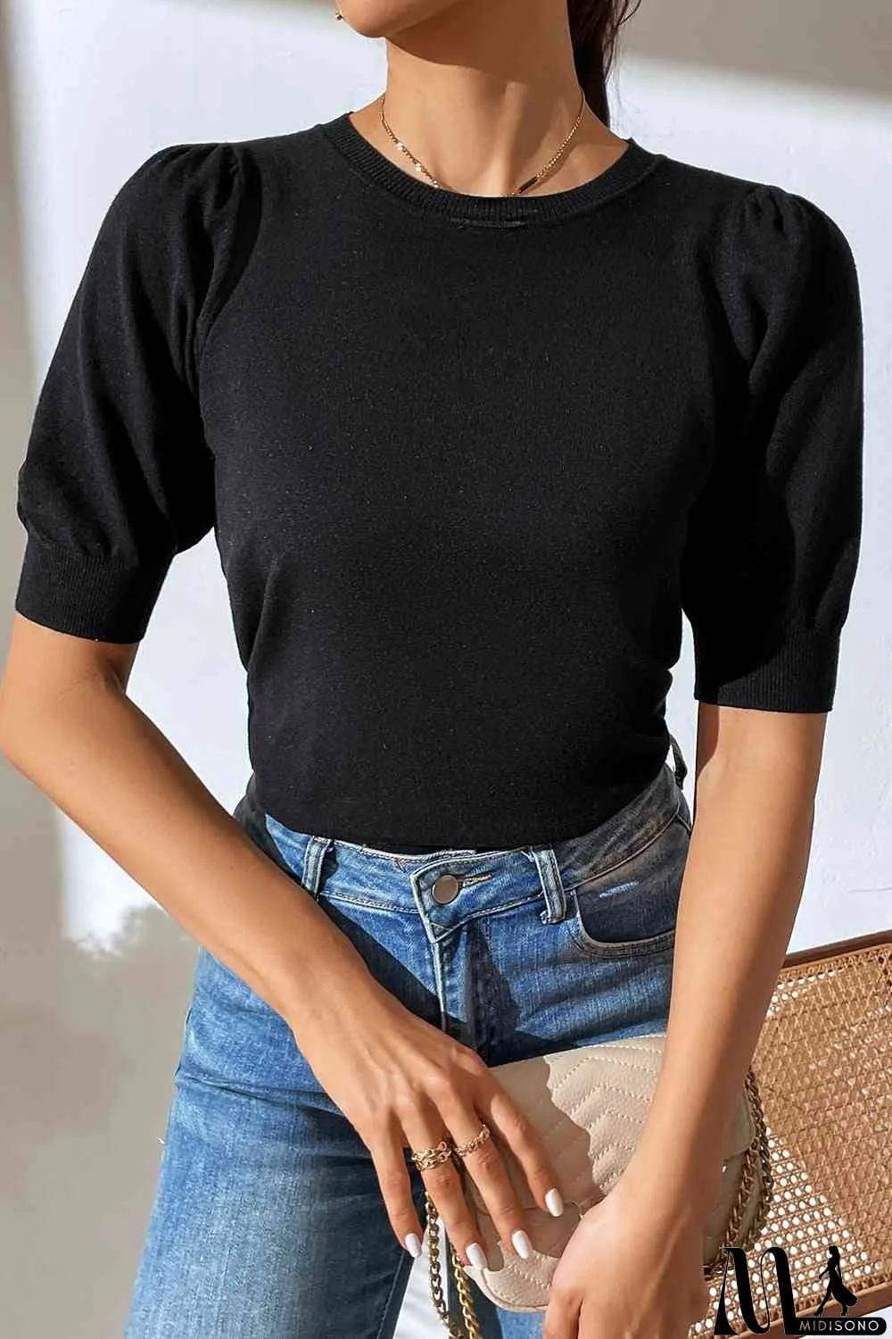 MidiSono - Round Neck Puff Sleeve Knit Top