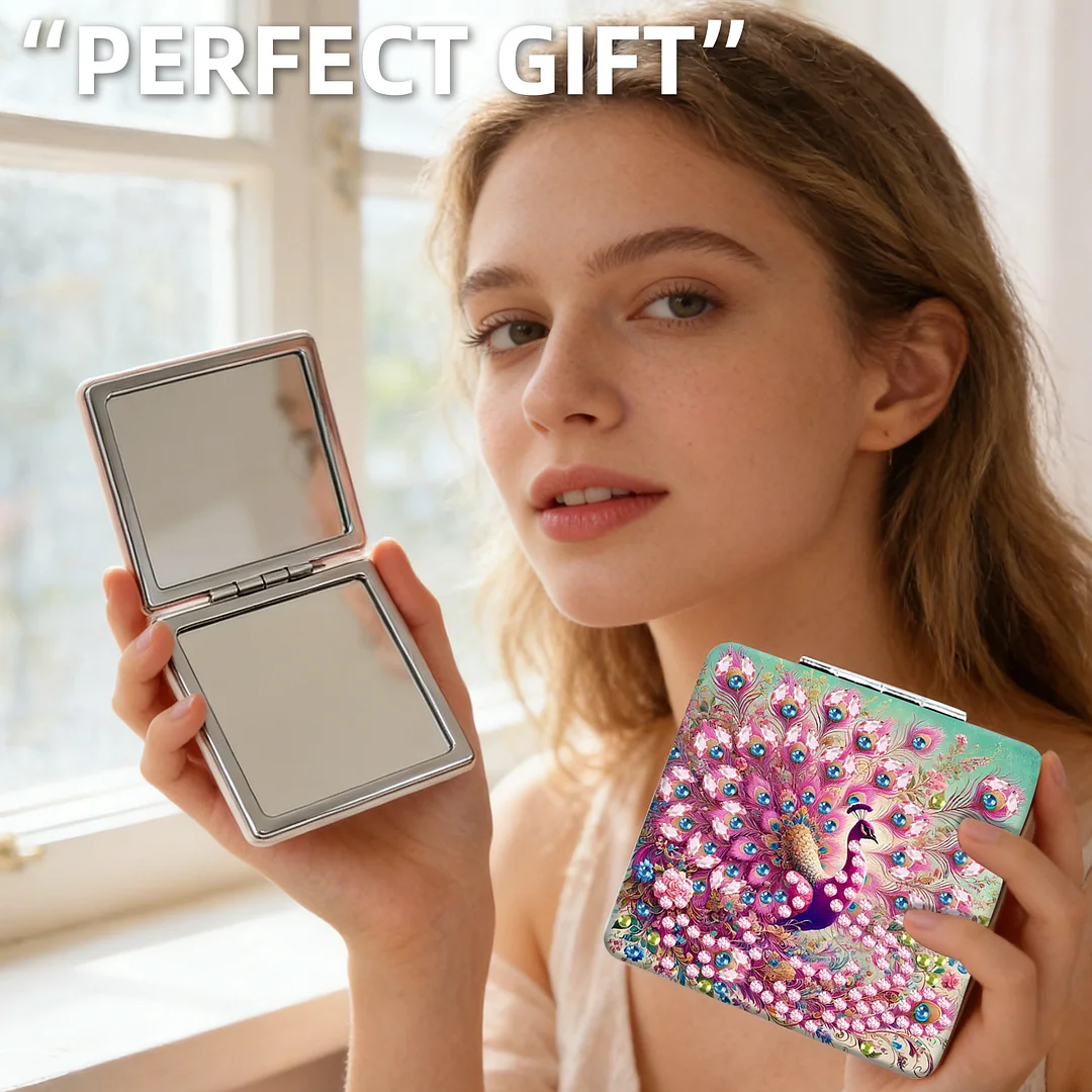 Pink Peacock DIY Special Shaped Diamond Painting Compact Mirror Kits Diamond Art Painting Pocket Mirror for Adults and Beginners