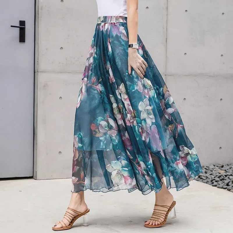 Women Skirts 2019 Summer Mesh Flower Print Elastic Waist Bohemian A-Line Sweet Chiffon Long Female Bottoms Ladies Casual Skirt