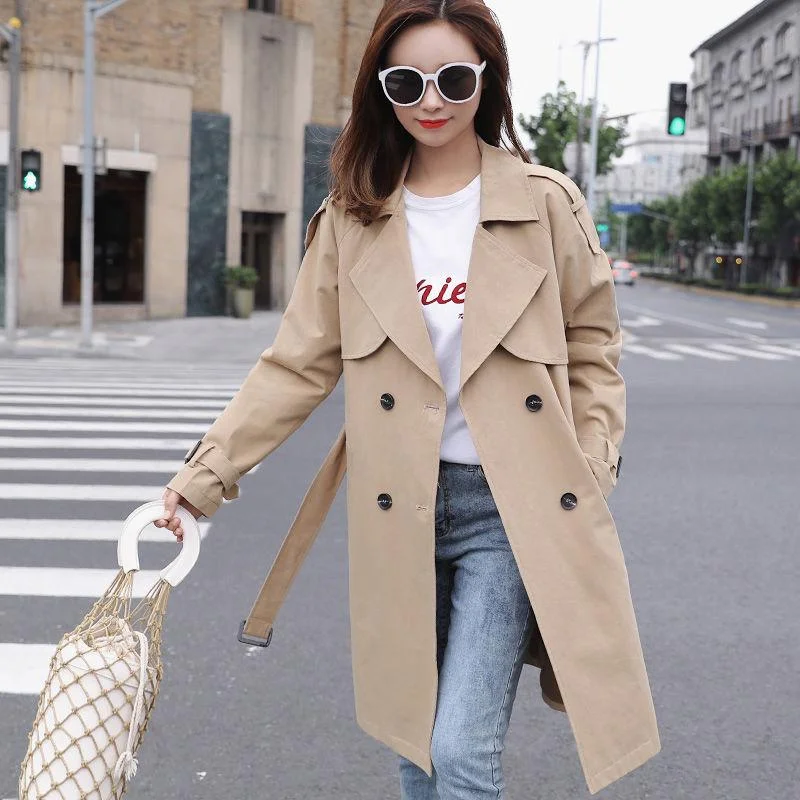 FTLZZ 2021 New Sping Autumn Women Khaki Trench Coat Streetwear Double Breasted Windbreaker Loose Fit Black Ladies Outwear