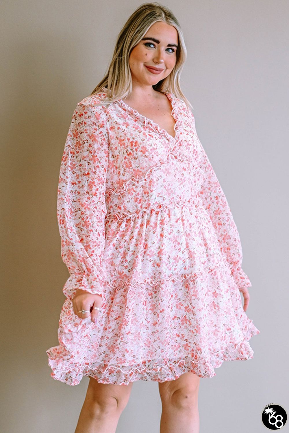 Pink Frilled Tiered Floral Plus Size Dress | 168DEAL