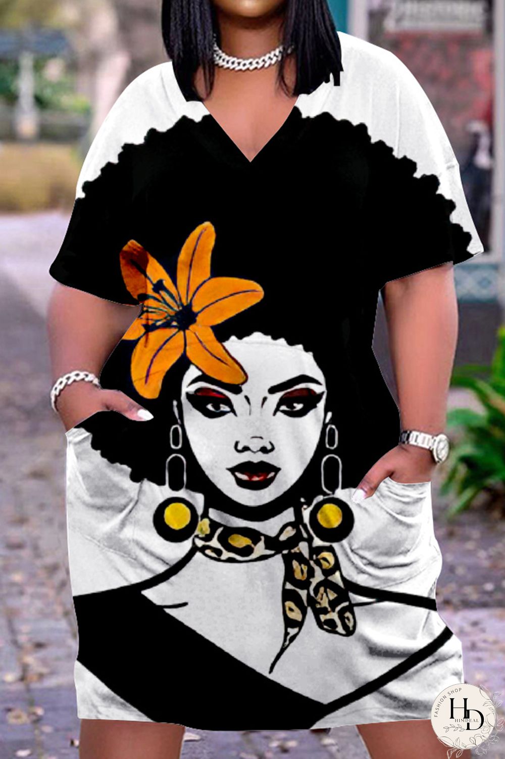 Multicolor Casual Street Print Patchwork V Neck Straight Dresses